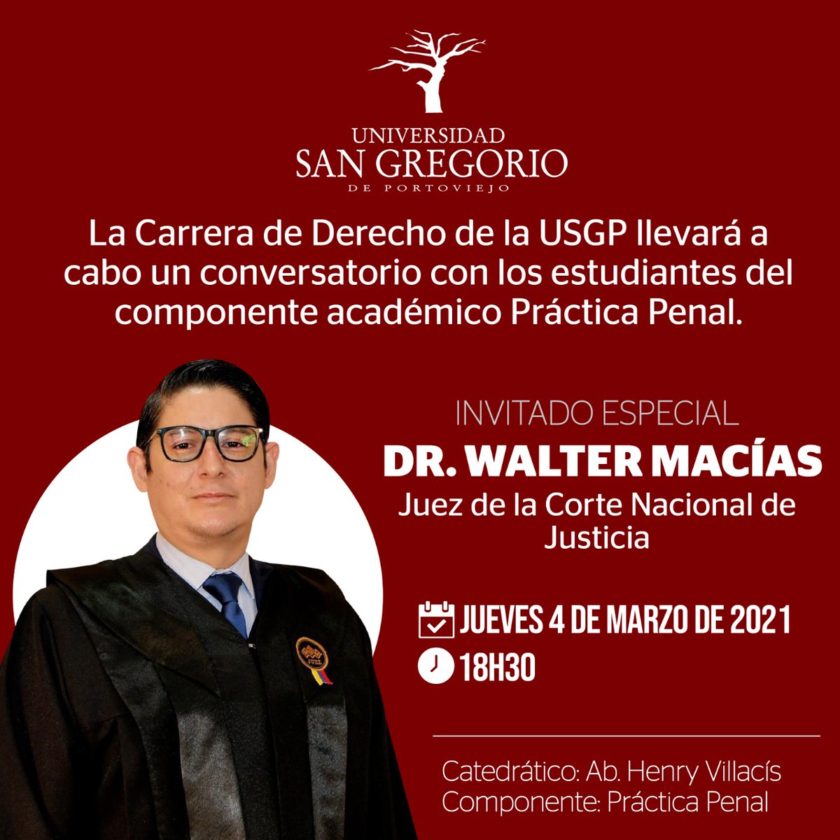 derecho_carrera's tweet photo. #EventoAcadémico | Este jueves 4 de marzo se llevará a cabo un conversatorio con los estudiantes del componente académico #PrácticaPenal en la que contaremos con la presencia del Ab. Walter Macías y nuestro compañero docente Ab. Henry Villacis 💼. 

#Derecho #USGP https://t.co/TYObKHd4XT