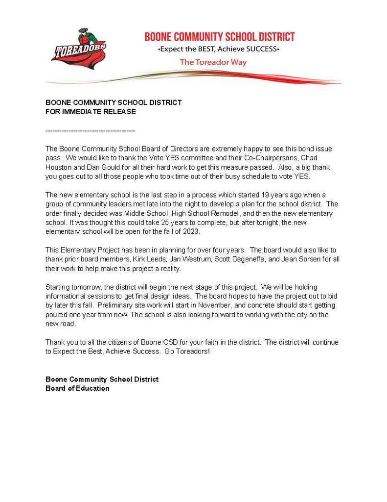 Last evenings press release from Boone CSD Board of Directors regarding the bond referendum