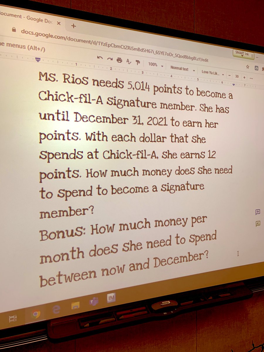_mrsramirez_'s tweet photo. Morning work looks like a detailed math problem but is actually just me having my kids figure out @ChickfilA points. @ChickfilA help a teacher out 😂 #MorLearning #MorChikin https://t.co/hjRR0E4tGN