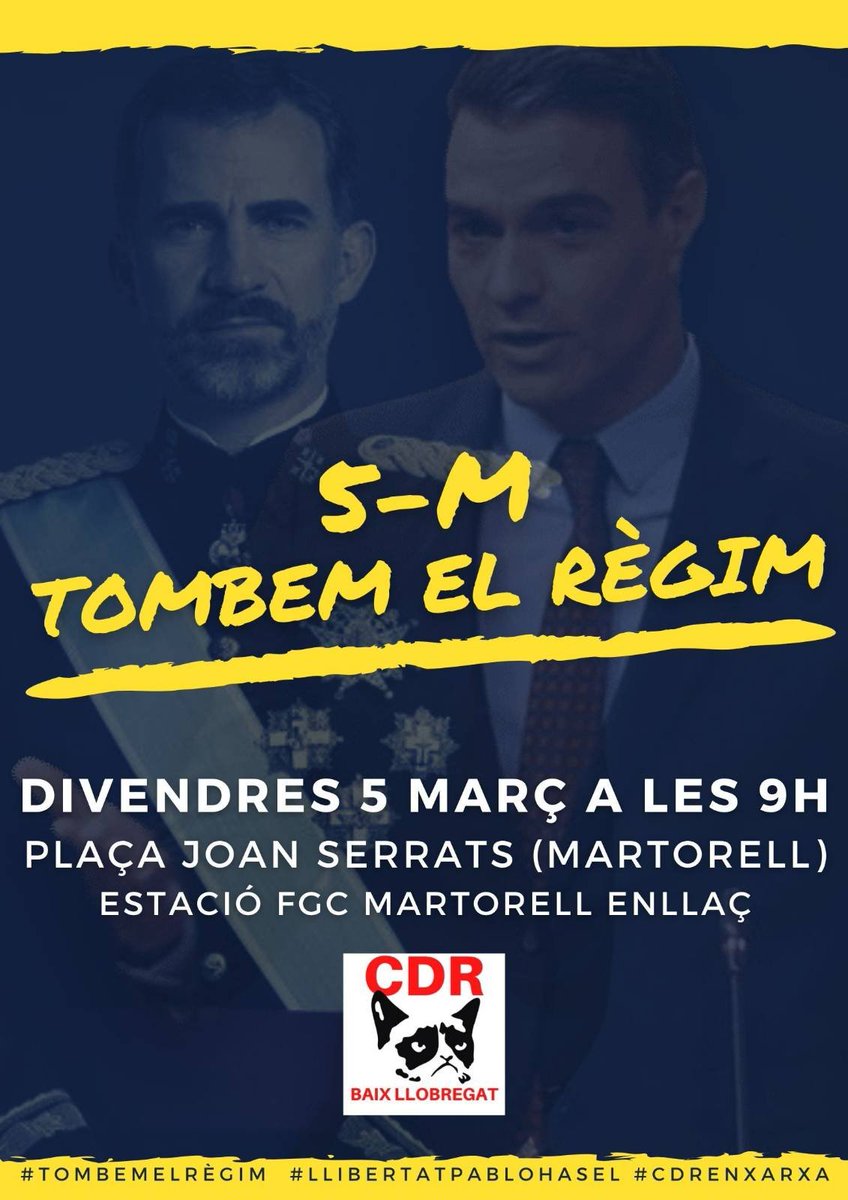 Els capitostos del règim pretenen tractar-nos com a colònia una vegada més. 

✊ Per la llibertat d'expressió, les represaliades i la #República: donem-los la rebuda que mereixen!

📆 Divendres 05/03
🕘 09h
📍 Plaça Joan Serrats de #Martorell

#TombemElRègim 
#CDRenXarxa
