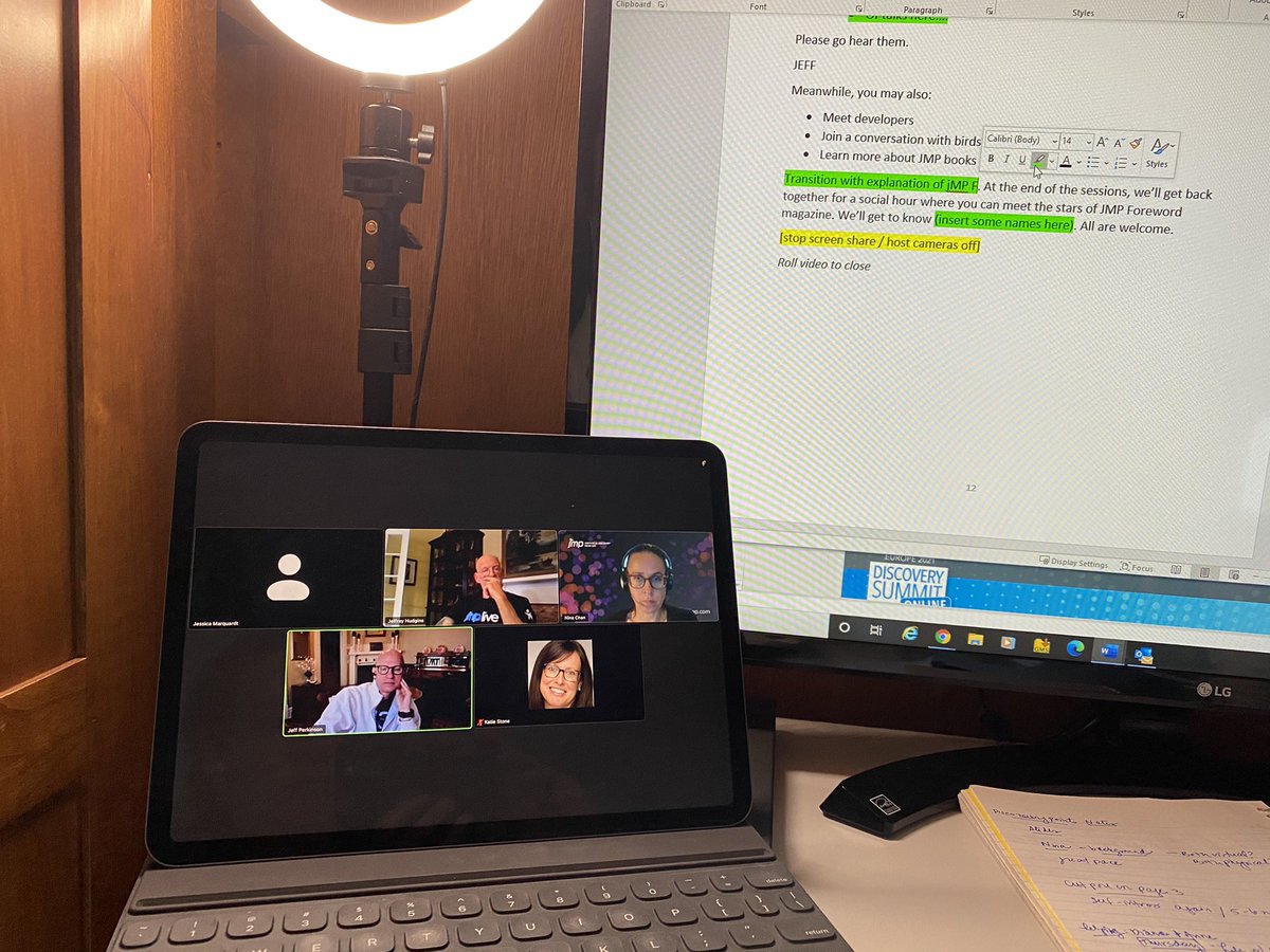 Behind the scenes: #JMP Discovery Summit rehearsal is in full swing. Join hosts <a href="/jeffperkinson/">Jeff Perkinson</a> &amp; @ninastrophe for the plenary session each day at #JMPDiscoverySummit. It’s next week! discoverysummit.JMP