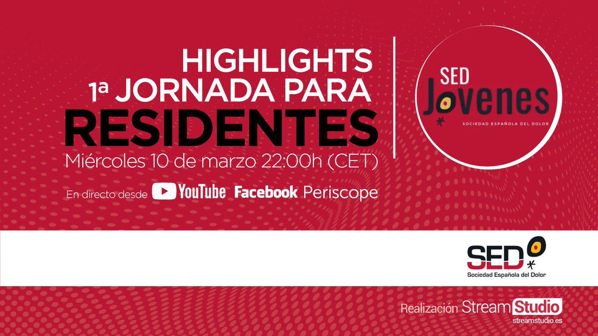 Buenas noches!
Tenemos el placer de invitaros en riguroso directo 📽 a nuestro #HighlightsResidentes de <a href="/SEDJovenes/">SED Jóvenes</a> y <a href="/sedolor/">Sociedad Española del Dolor</a>

📅MIERCOLES 10 de Marzo 22:00h 
🎙hablaremos sobre 

🎯 Claves de 1a Jornada Residentes
🎯 Ciencia Dolor y Formación
🎯 y... mucho más!
