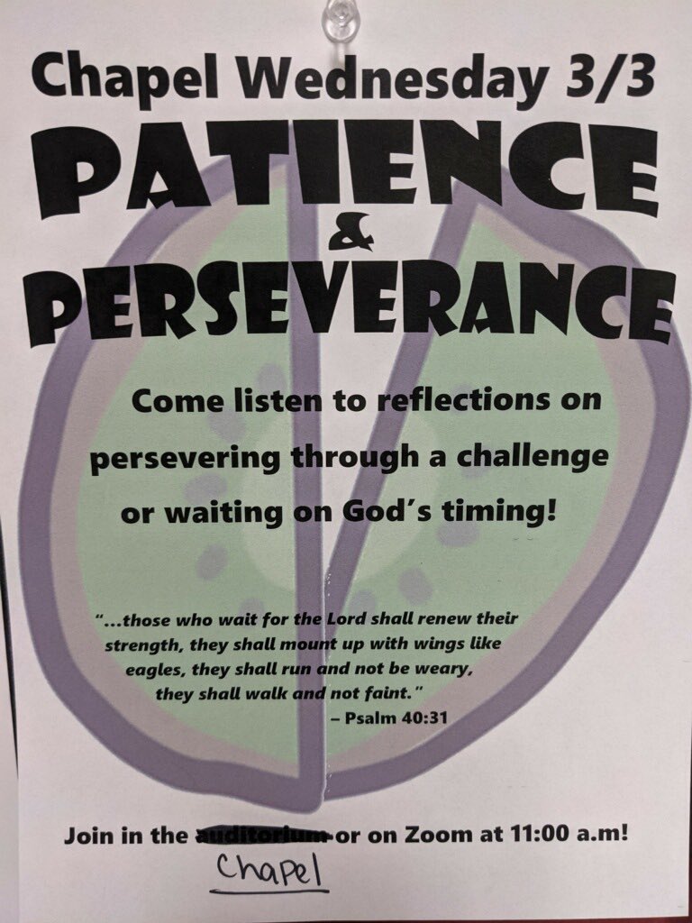 BethelCollegeCM's tweet photo. Come listen to stories and reflections about perseverance and patience today at 11am, and remember Chapel is actually in the chapel this week! https://t.co/JarRy6XNaF