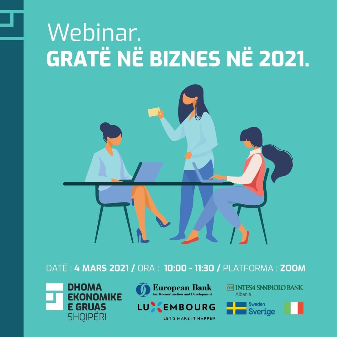👉Webinar "Gratë në Biznes në vitin 2021"

🗓️Datë: 4 Mars 2021, Ora 10:00 – 11:30

👉Linku regjistrimit⤵️    
      us02web.zoom.us/j/83609852161

 ✔️Konfirmoni pjesëmarrjen tuaj në adresën📩 
       info@weca.al

#webinar #womenentrepreneurs #EBRD #WECA #SME #EENAlbania #EENCanHelp