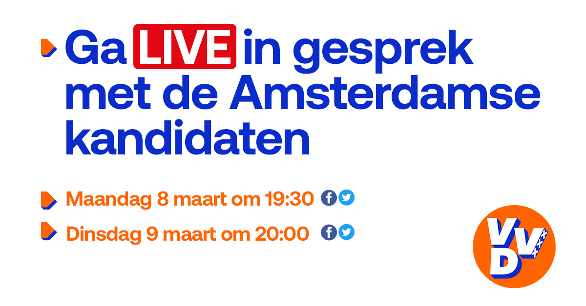 VVDAmsterdam's tweet photo. Maandag 8 maart en dinsdag 9 maart gaan @PimVanStrien @marielle_paul @HawreRahimi @vanwijngaardenj @FolkertIdsinga en @Sophie_Hermans LIVE met jou in gesprek.

#Samensterkerverder https://t.co/hmz5c3ghXl