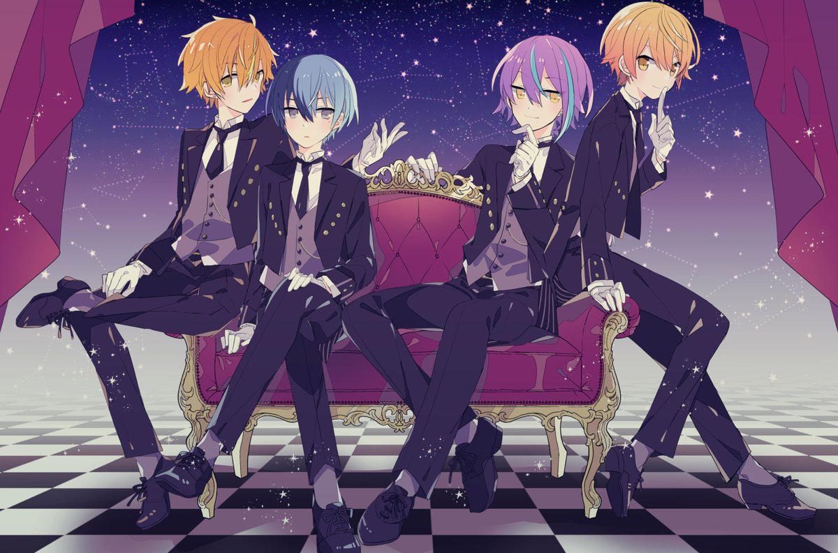 multiple boys male focus orange hair blue hair purple hair yellow eyes gloves  illustration images