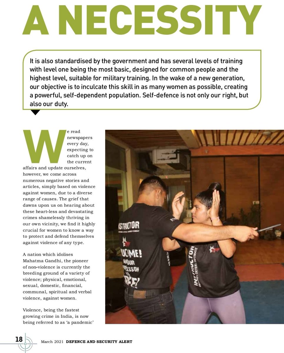 v_instructor's tweet photo. STRIKE Self defense system honoured to be highlighted in India's top military & strategy information platform in its March 2021 monthly issue - Defence and Security Alert (DSA).
India’s OWN Unarmed Combat & Self Defence System for Armed Forces by #SPEFL-STRIKE.
#selfdefense https://t.co/mJbPmrxAoi