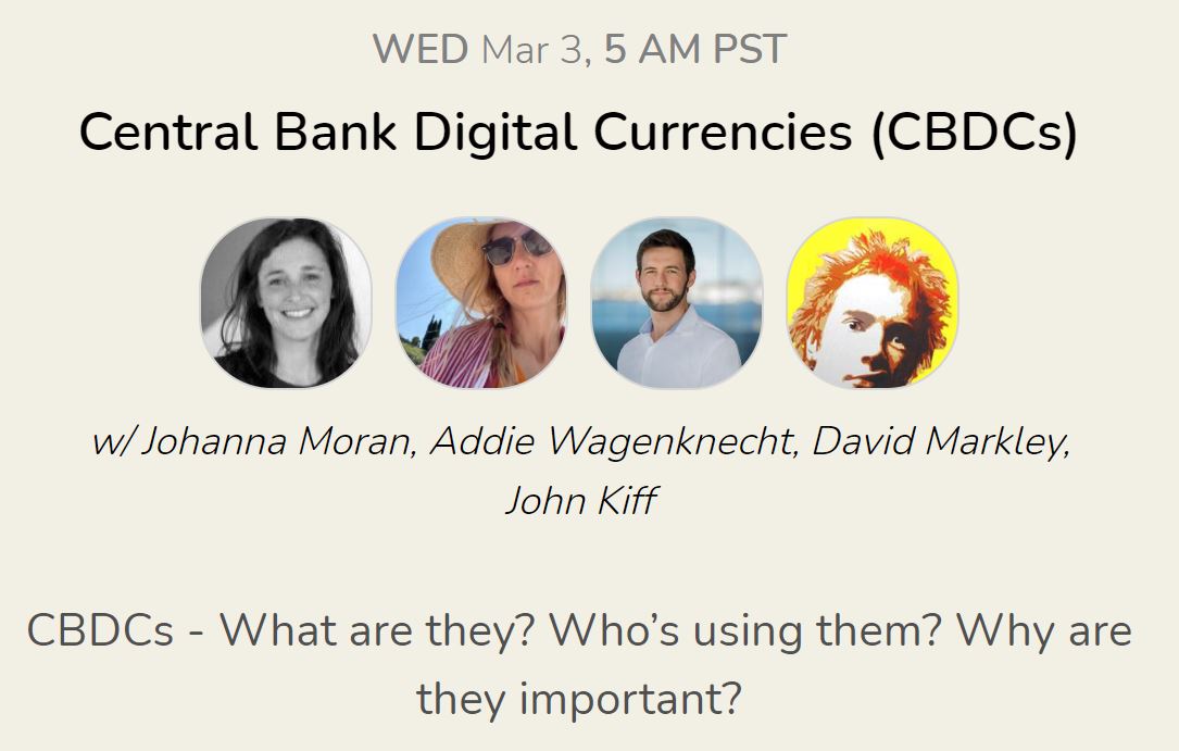 AlgoFoundation's tweet image. Don't forget we have a ClubHouse Chat with @Kiffmeister and @Algorand's @DavidBMarkley later today at 1pm GMT on Central Bank Digital Currencies (#CBDC's)

Submit any questions you have using #CryptoLunch.

Join the CBDC discussion 👉ow.ly/btLr50DNHP5
