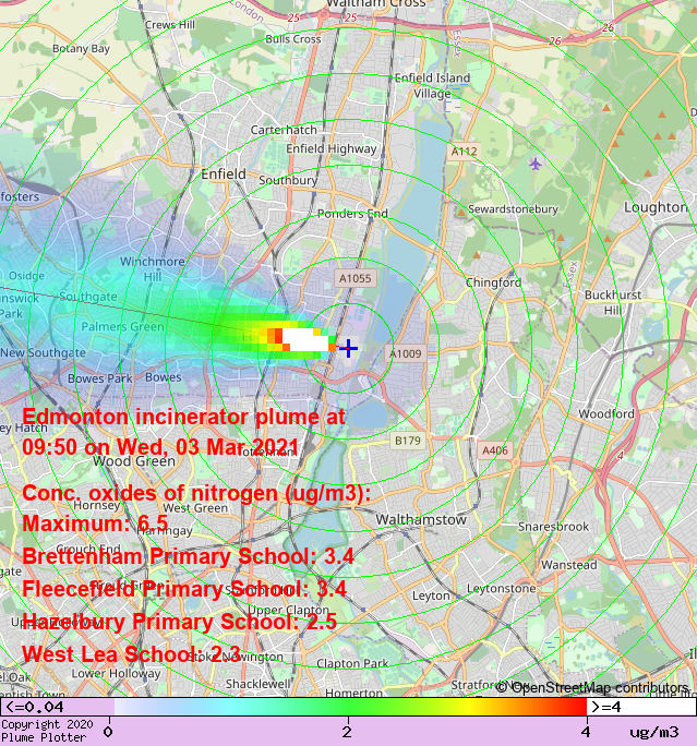 plumeplotter's tweet photo. Latest Edmonton incinerator plume plot, 09:50 03/03/21 #LowerEdmonton #PalmersGreen #Osidge https://t.co/ue2w4O0AUu https://t.co/HGC58z8xPy