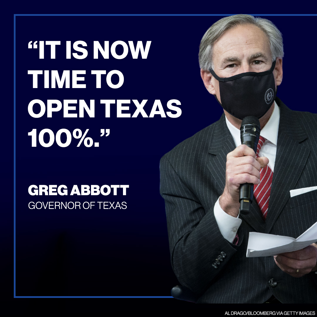 ABC's tweet photo. Gov. Greg Abbott ends Texas' statewide mask mandate, announces executive order to allow all businesses to reopen at full capacity: "It is now time to open Texas 100%," Abbott said at a news conference. https://t.co/A0uHpCeDOS https://t.co/qTh7133itT