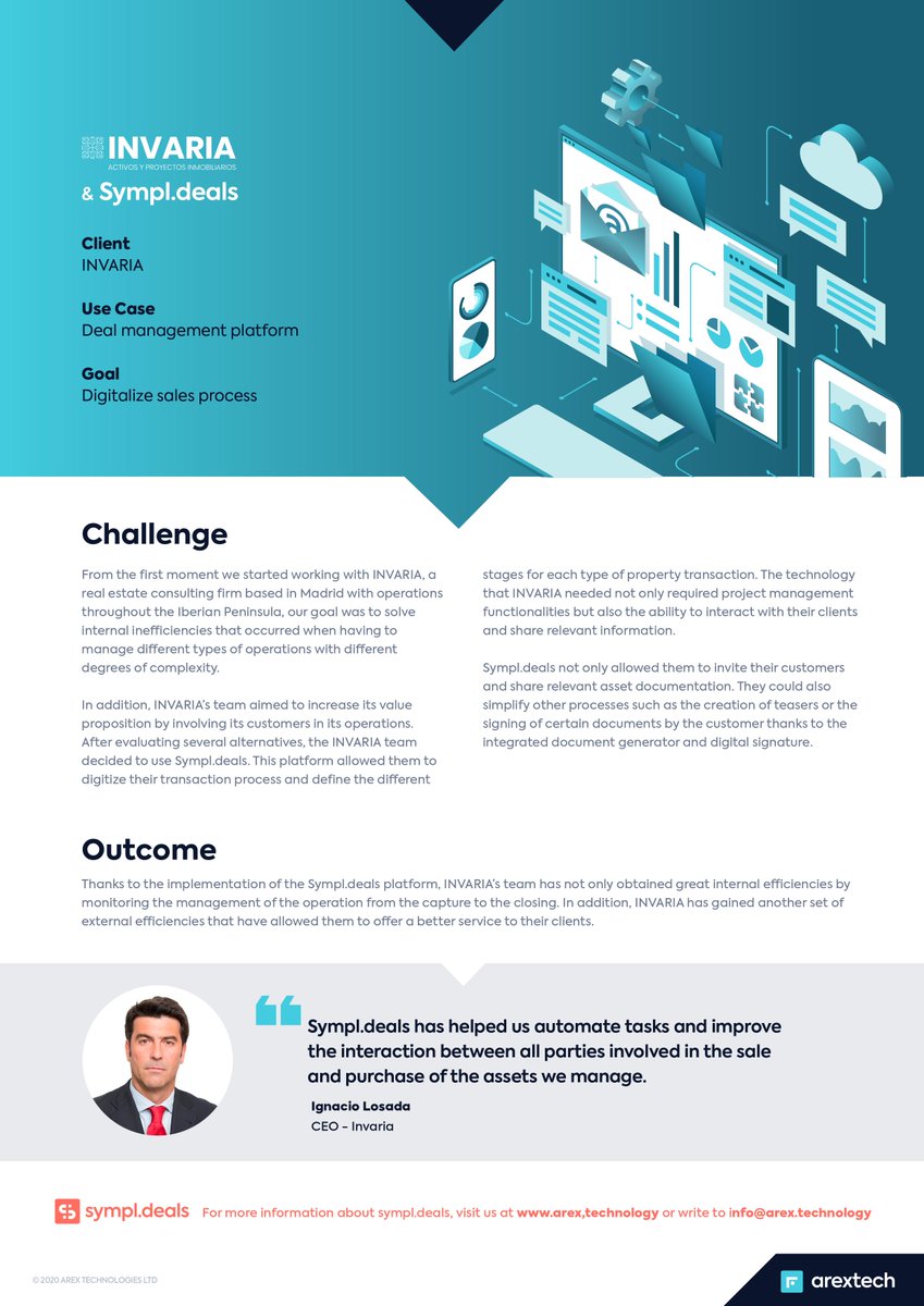 arextech's tweet photo. 👉 Check out our #Sympldeals case study with Invaria 🏘️🏬@IgnacioLosada5 and his team achieved to offer their customers a more efficient way to manage the sales of their assets while improving the experience of their customers 📈

info📩 https://t.co/pfscCB74hk

#ComplexMadeSympl https://t.co/JlN4M2wLxe