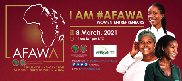 I AM #AFAWA: Join us on #IWD next week to celebrate African women entrepreneurs, hear about their journeys to accessing finance, and explore some of the innovative ways to address the financial and non-financial needs of women-owned SMEs in #Africa.

bit.ly/AfDBAFAWA8