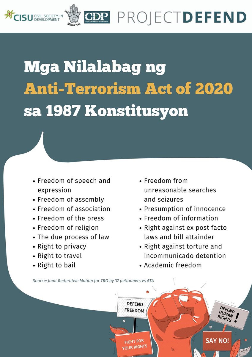 cdporgph's tweet photo. Narito ang 15 karapatang pantao na kinikilala ng ating konstitusyon ngunit nilalabag ng ATA at naging batayan ng mga petitioners bakit dapat itigil ang pagpapatupad ng ATA.

#ProjectDefend https://t.co/TlKhiw5zBk