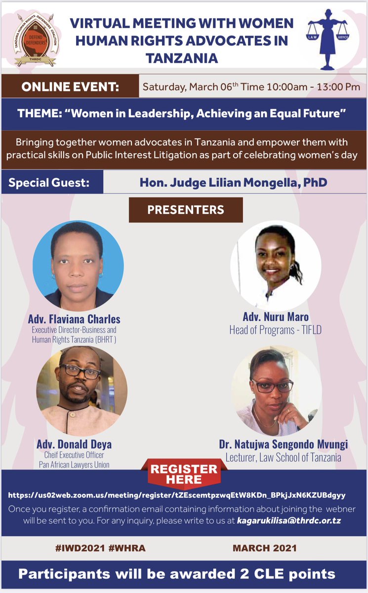 THRDCOALITION's tweet photo. Greetings to all women human rights advocates,
THRDC in collaboration with TAWLA has prepared a FREE virtual meeting in commemoration of the International Women’s Day 2021, VIA zoom, on Saturday 6th March 2021 from 10:00hrs.
REGISTER THROUGH;
https://t.co/1kCxtU4FBQ

#IWD2021 https://t.co/8e0n2P6bBe