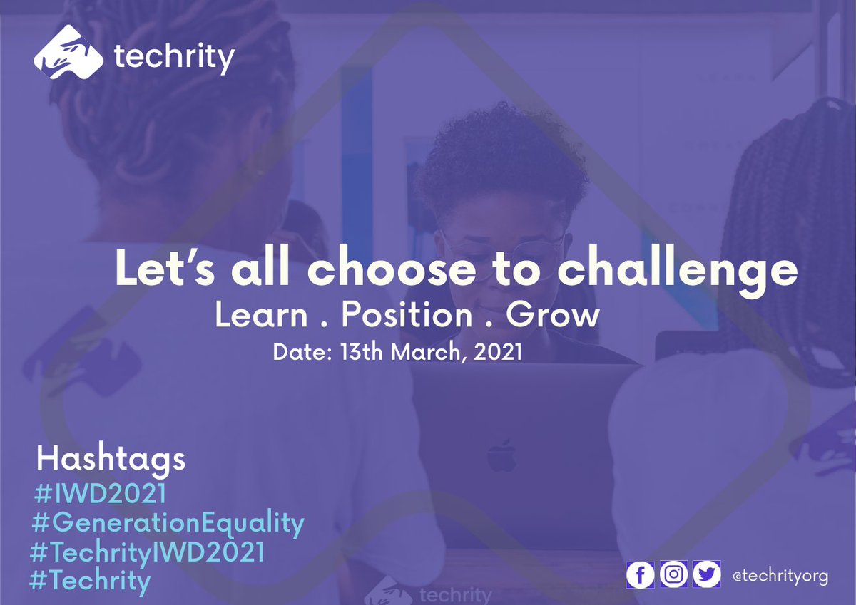 techrityorg's tweet photo. Join Techrity as she commemorates #InternationalWomen'sDay 2021 tagged: Women in Leadership and Technology.

Date: 13th March 2021
Time: 12 pm WAT
Registration Link: https://t.co/tyGmrTnxZ8

N/B: The event is free for the first 100 persons.
@UN_Women https://t.co/mZuWV2fQXw
