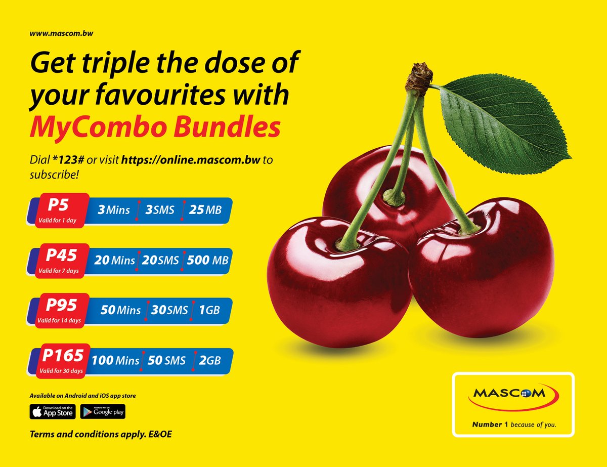 MascomWireless's tweet photo. Get triple the dose of your favorites with #MyCombo Bundles, now with new packages😊!
Get all access data, local calls, and local SMS’ today by dialing *123# or through https://t.co/sKuTmCFNvC for a combo bundle of your choice. #MascomMyCombo #Number1BecauseOfYou https://t.co/N8cZg8YB3N