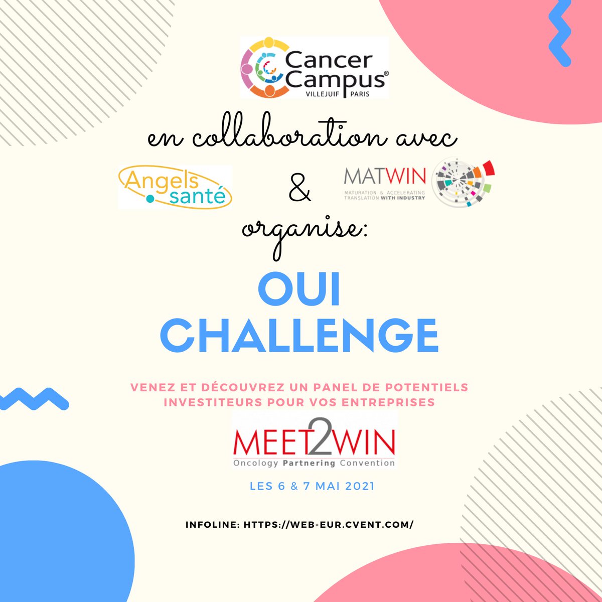 Cancer Campus (@cancercampus) on Twitter photo <a href="/CancerCampus/">Cancer Campus</a> organise en partenariat avec <a href="/MATWIN_Bdx/">MATWIN</a> et <a href="/AngelsSante/">Angels Santé</a> la session OUI CHALLENGE sur l’innovation en oncologie les 6 & 7 mai prochain.
Postulez avant le 8 mars et optimisez vos levées de fonds!
Infoline: web-eur.cvent.com/event/8b4dd6db… <a href="/CancerCampus/">Cancer Campus</a> organise en partenariat avec <a href="/MATWIN_Bdx/">MATWIN</a> et <a href="/AngelsSante/">Angels Santé</a> la session OUI CHALLENGE sur l’innovation en oncologie les 6 & 7 mai prochain.
Postulez avant le 8 mars et optimisez vos levées de fonds!
Infoline: web-eur.cvent.com/event/8b4dd6db…