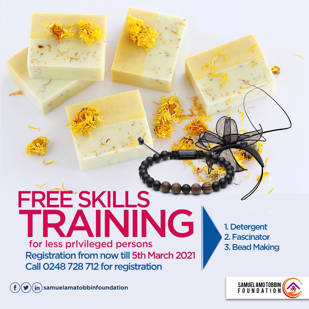 AmoTobbin's tweet photo. The SAT foundation is embarking on free skills training for the vulnerable. Register from now till 5th March, 2021 and acquire knowledge in soap making, bead making and fascinator making. 

Call 0248728712 for further enquiries.

#skills #training #education #kindness https://t.co/bRYHOh8moB