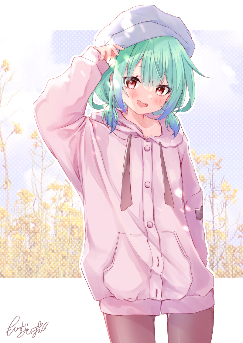 uruha rushia 1girl solo green hair pink hoodie red eyes gradient hair hat  illustration images