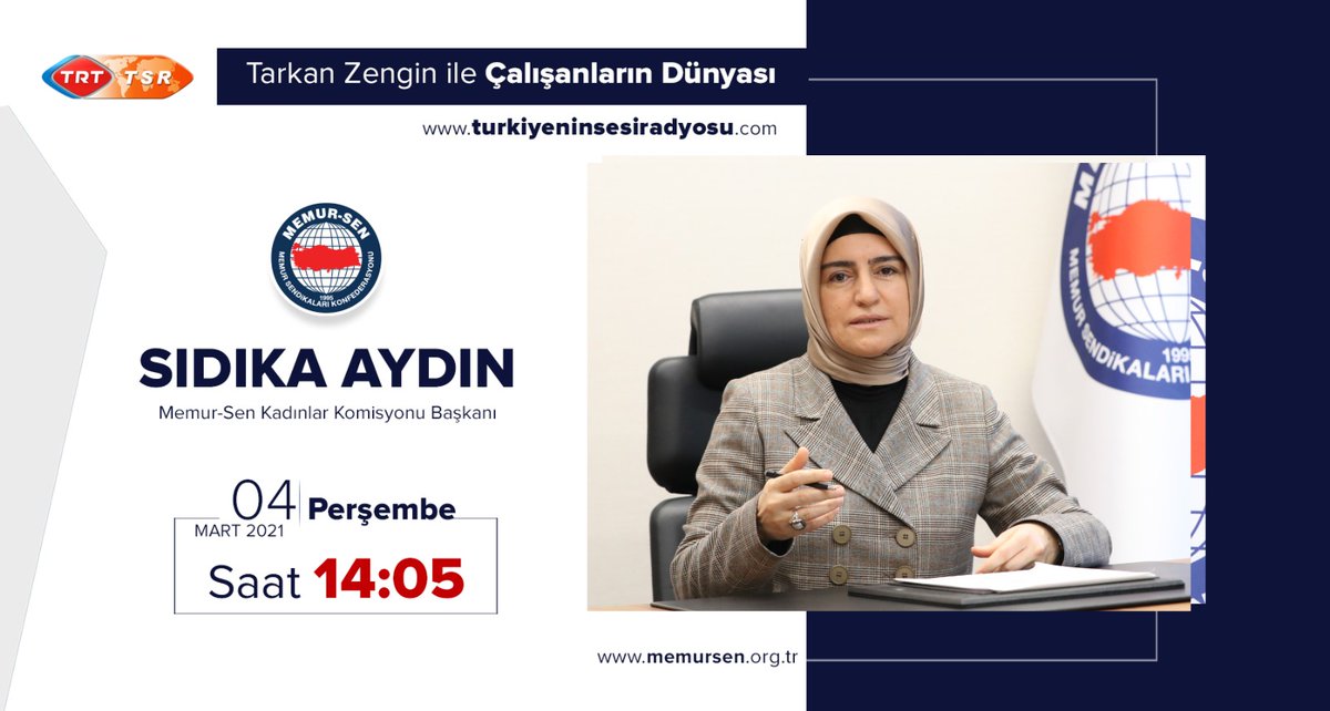 #8MartDünyaKadınlarGünü öncesi Memur-Sen Kadınlar Komisyonu Başkanımız <a href="/Sdka_Aydin/">Sıdıka AYDIN</a>, Tarkan Zengin'in sunduğu "Çalışanların Dünyası" radyo programının konuğu olacaktır.

🗓️ 4 Mart / Perşembe
🕟14:05
📻Türkiye'nin Sesi Radyosu

<a href="/TarkanZengin/">Tarkan Zengin</a>
<a href="/TRTTSR/">TRT Türkiye'nin Sesi Radyosu</a>