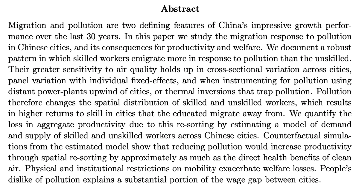 China places fewer restrictions on migration by more educated workers. They tend to leave polluted cities.This skewed distribution of skill reduces GDP—almost as much as the health harms of pollution.By  @econgaurav  @WenquanLiang  @mushfiq_econ & Song—>  https://ssrn.com/abstract=3776971