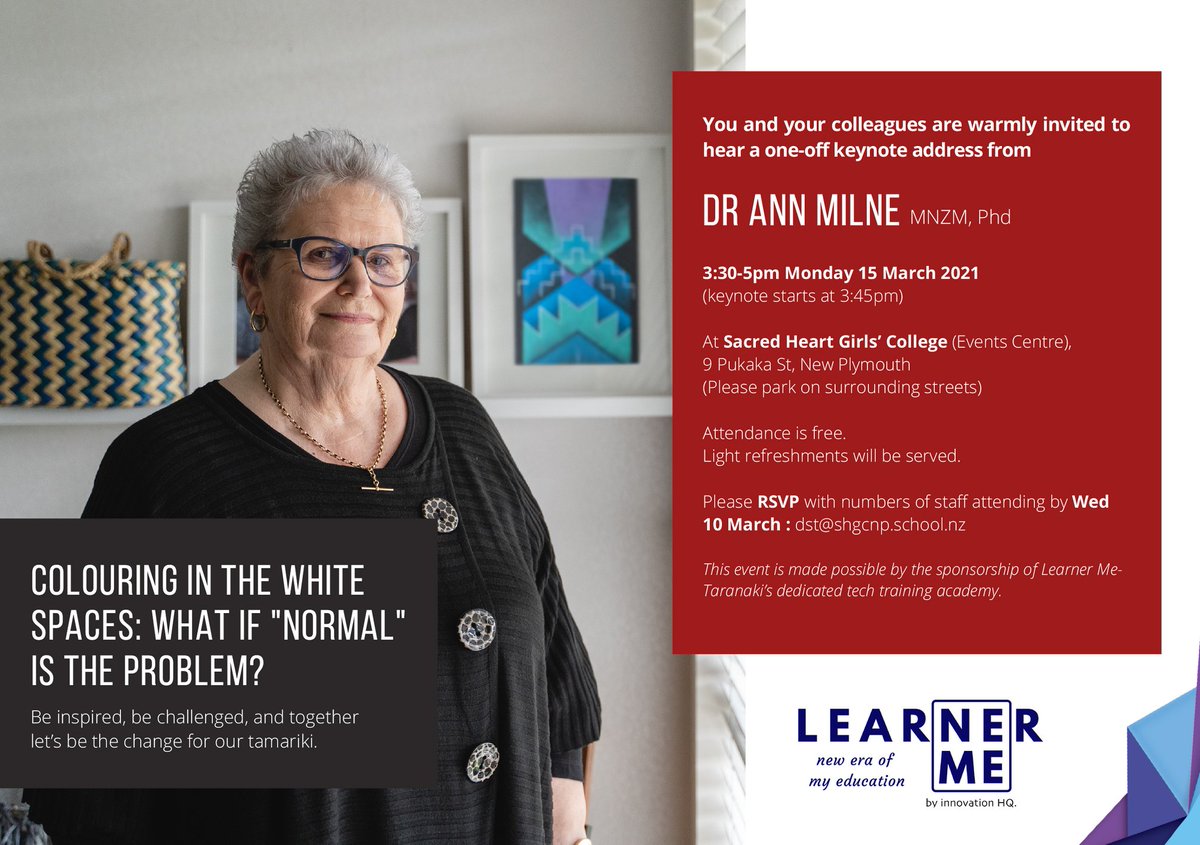 Looking forward to visiting Taranaki on 15 March if COVID cooperates. Thanks to Learner Me &amp; Sacred Heart Girls' College in New Plymouth.