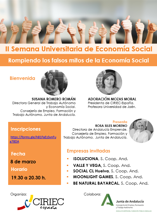aemprende's tweet photo. ⚡️Participamos en II #SemanaUniversitariaES organizada por @CIRIEC_Esp

💻#Webinario 🛑Rompiendo falsos mitos de la #EconomíaSocial. Experiencias de éxito.

📅8/03⏰19:30

👥Con: @isoluciona @valleyvegaeco @ClHuelva @MoonlightGames_ #BeNaturalBayarcal 

✍️ https://t.co/qYcbVyUfgC https://t.co/lC79YT3gks