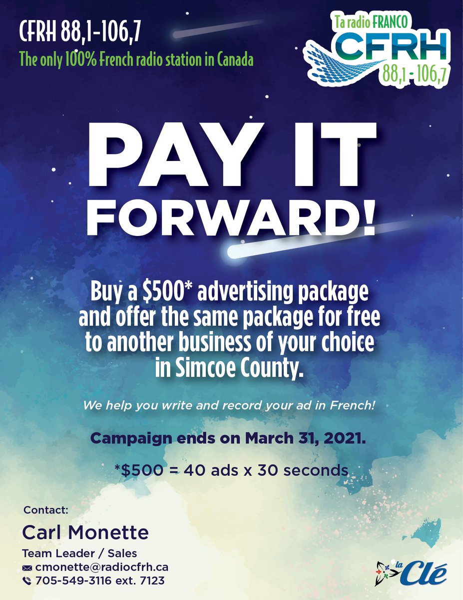 cfrhfm's tweet photo. Annoncez à CFRH et aidez une entreprise de la région / Advertise on CFRH and help a local business  🤩🤩

#barrie #simcoecounty #SimcoeMuskoka #Midland #Orillia #penetanguishene #wasagabeach #elmvale #stayner #collingwood #tiny #tay #springwater #oromedonte https://t.co/K9RJA2S1hK
