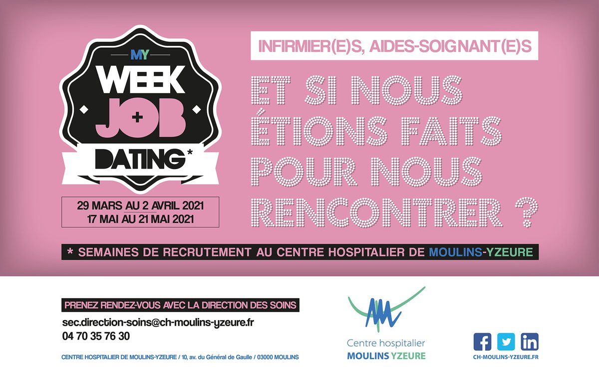 CHMOULINSYZEURE's tweet photo. #MYWEEKJOBDATING #recrutement
Vous êtes #infirmier(e), #aidesoignant(e) ?
#SaveTheDate
✅ Le @CHMOULINSYZEURE vous propose de venir échanger avec sa #DirectionDesSoins sur votre projet de carrière.
😉 Et si nous étions faits pour nous rencontrer ? https://t.co/EzWox2ncFs