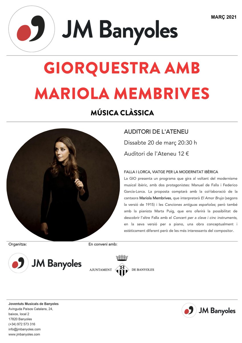 El proper 20 de març l'Auditori de l'<a href="/ateneubanyoles/">Ateneu de Banyoles</a> acollirà un gran desplegament escènic i musical en el que serà el primer concert de l'#Artistaresident, @mariolamem, acompanyada de la majúscula @GIOrquestra 👏🏽🎶🎻🎼

No us ho perdeu! 🥳👇🏽

jmbanyoles.com/banyoles/ca/pr…