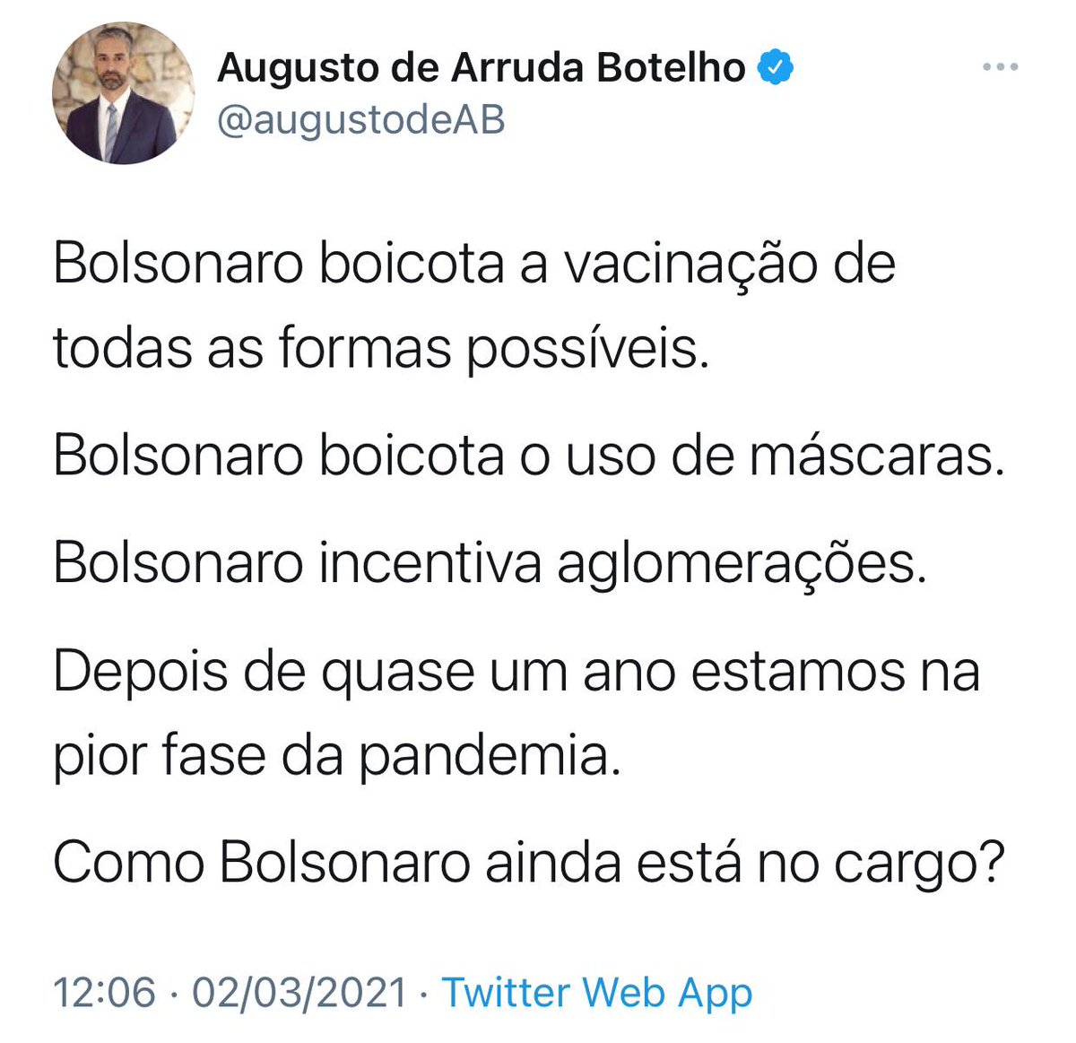 Bolsonaro segue sendo o ÚNICO chefe de Estado do planeta a negar a gravidade do coronavírus, a estimular aglomerações e duvidar da eficácia da vacina.
Via @augustodeAB https://t.co/dXdWaGaA0E