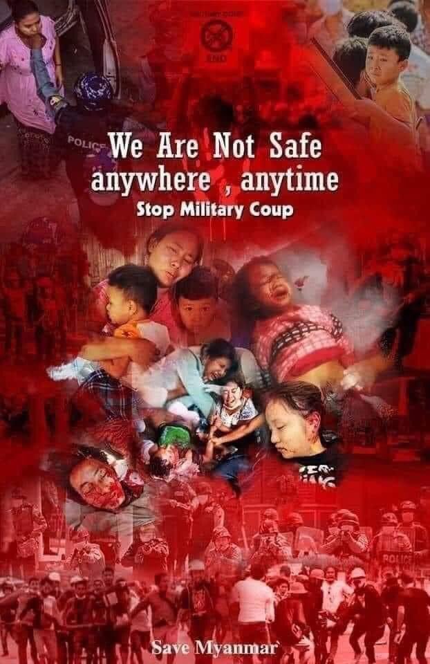 Naing18179079's tweet photo. We are not safe anywhere,anytime 
Stop Military Coup
#BLACK_WEDNESDAY 
#HowManyDeadBodyNeedForUNtoTakeAction
#March3Coup
#whatshappeningnowinmyanmar
#SaveMyammar https://t.co/aQ0hDcncER