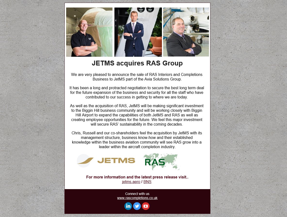 RASCompInt's tweet image. JETMS acquires RAS Group
We are very pleased to announce the sale of RAS Interiors and Completions Business to JetMS part of the Avia Solutions Group