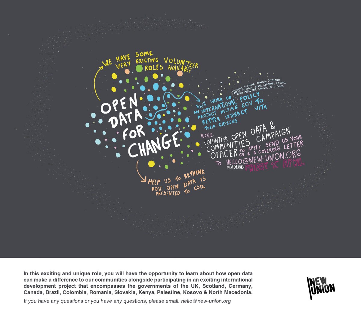 NewUnion_org's tweet photo. 🤝| We are now looking at our next campaign, and that means space for wonderful volunteers.

If you are passionate about #OpenData, #DataScience or #GovTech &amp; looking for hands-on experience, we have the role for you!

Read: https://t.co/HQfZKQ1E0a

Apply: https://t.co/Iw6AbqrR0a https://t.co/bWIs9pivpX