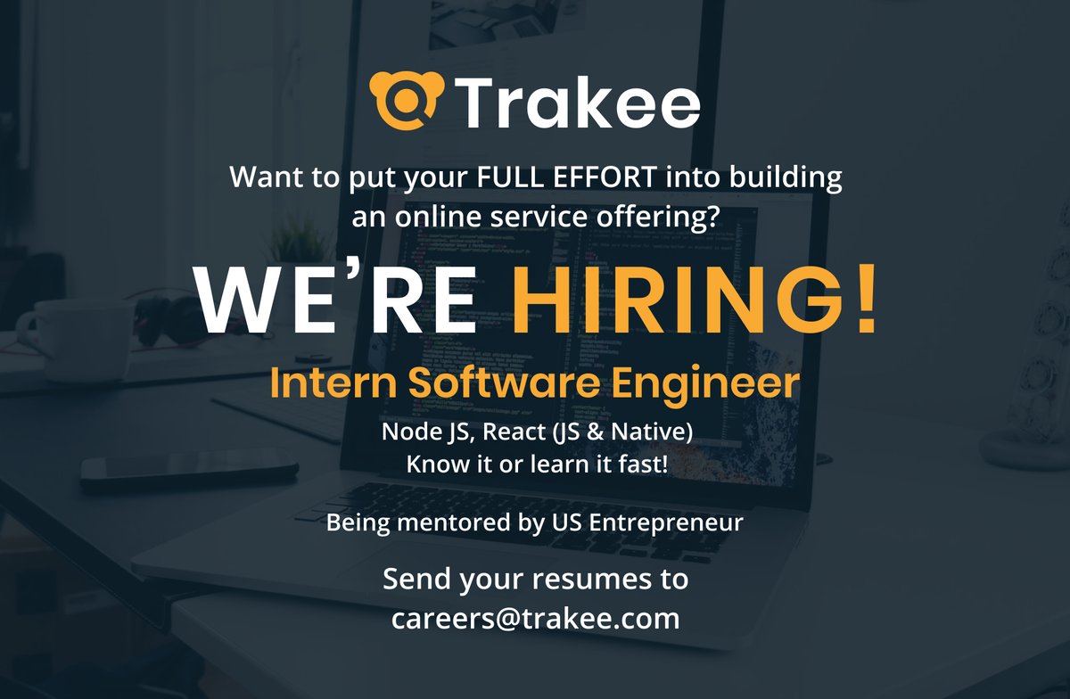 TrakeeApp's tweet photo. Hiring immediately. Want to put your FULL EFFORT into building an online service offering? Send your resumes to careers@trakee.com
.
#trakee #trakeeClient #trakeeManagement #operationalTransparency #orderManagement #serviceTracking #hiring #Internship https://t.co/Havlt413yC