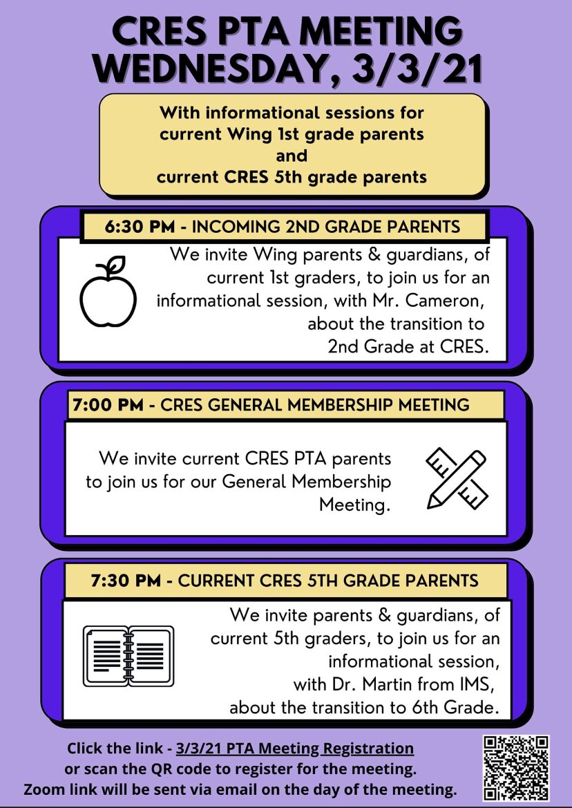 CommackRoadPTA's tweet image. CRES PTA meeting tonight, March 3rd. Information sessions for Wing 1st graders and CRES 5th graders. Click the link or scan the QR code to register ! Looking forward to seeing you there!
forms.gle/8sBi8WTicSbANi…