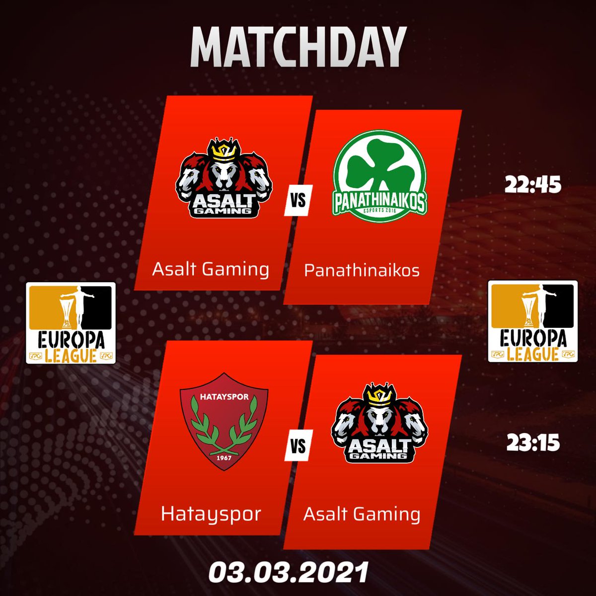 LAST 2 GAMES FROM EUROPA LEAGUE ARE TONIGHT

Important games for us because we are fighting for 1st place in this group. Let's go boys!

🆚 <a href="/acpanathinaikos/">Panathinaikos A.C.</a> 
🕣 8:45 UK

🆚 <a href="/HataysporEspor/">Hatayspor Espor</a> 
🕣9:15 UK

<a href="/OfficialVPG/">Virtual Pro Gaming</a>