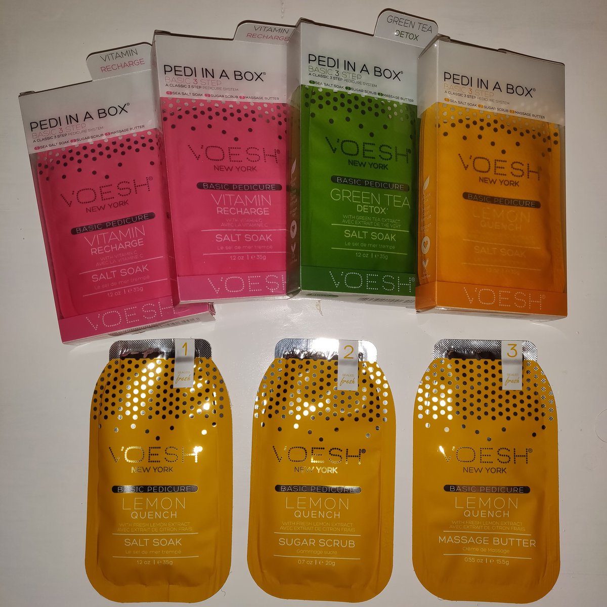 3 step 'pedi in a box' 
Contains salt soak, scrub and massage butter only £7.99