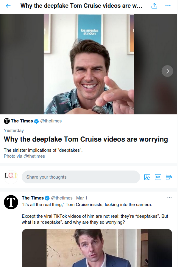 LGcommaI's tweet photo. This made me remember #JeffC (who allegedly passed away earlier this year): he predicted that such #DeepFake stories would be churned out by the MSM on a regular basis, not so much to teach people critical thinking but rather to make them distrust everything and blur reality. https://t.co/1Zd87ZQ6GF