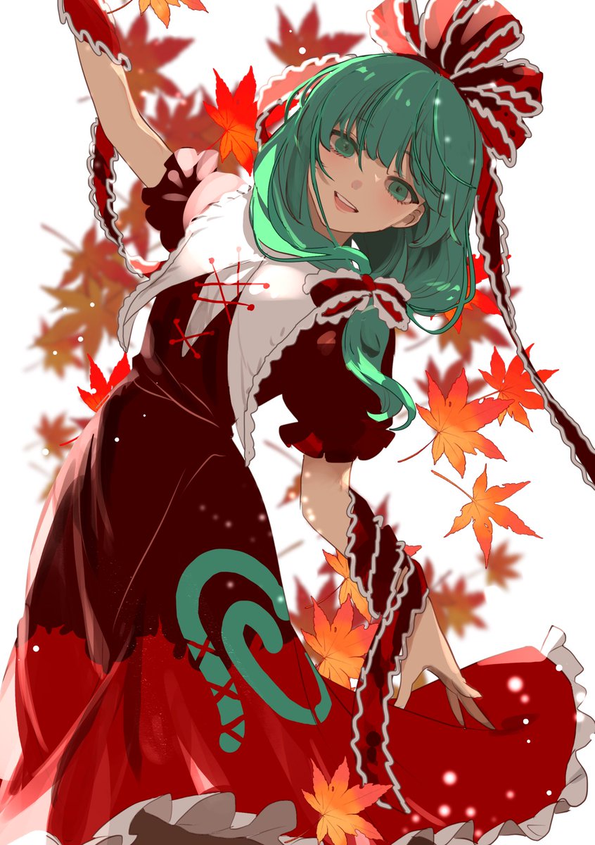 kagiyama hina 1girl solo dress green hair green eyes red dress front ponytail  illustration images