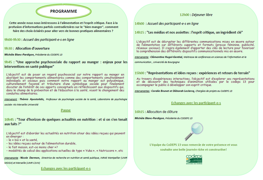 codeps13's tweet photo. COLLOQUE #CODEPS13

Découvrez le programme du colloque "#alimentation et #espritcritique : nos choix à la loupe" publié dans notre dernière newsletter.
Date du #colloque : 8 avril 2021.
Pour recevoir les actualités du CoDEPS13 dans votre boîte mail : https://t.co/WqwyyTUkWa https://t.co/RCW2s5yRav