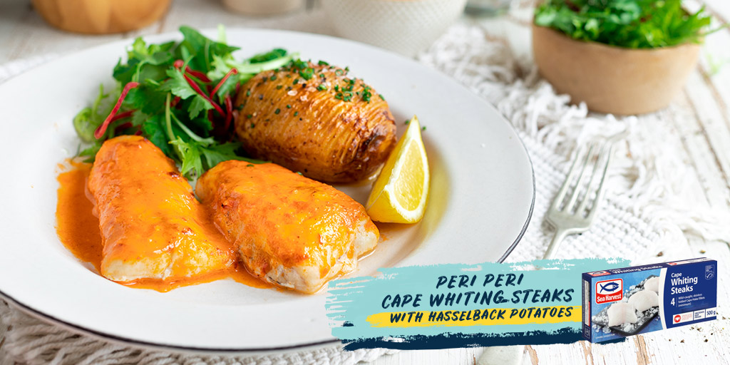 SeaHarvestSA's tweet photo. If you love a punch of flavour & heat then these Peri-Peri Cape Whiting Steaks w/ Hasselback Potatoes is the answer. We love it as an elevated meal w/ your partner or for a small group of friends. Make sure to check out our Insta page for the full recipe! @fishntips_sh #fishntips https://t.co/nSQOZPadMk