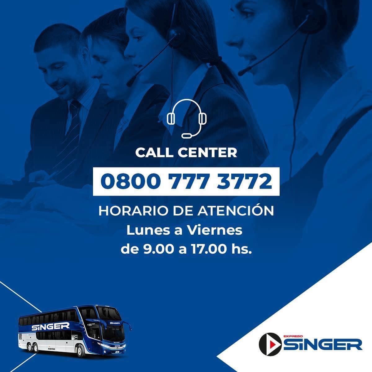 Atención queridos pasajeros ☝
Este es el horario de atención en nuestro call center 
Lunes a viernes de 9:00 a 19:00 hs. ☎
#ExpresoSinger #CallCenter #Horarios