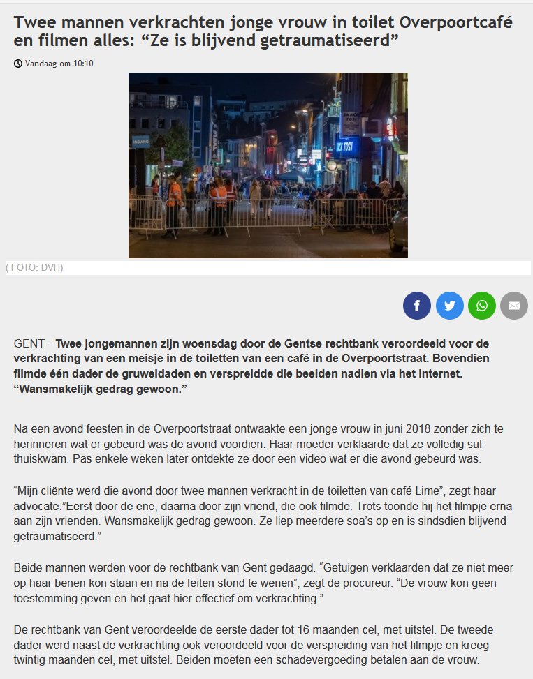 Lockdownparty: 15 dagen effectieve gevangenisstraf

                         🔺🔻

Groepsverkrachting: voorwaardelijke gevangenisstraf