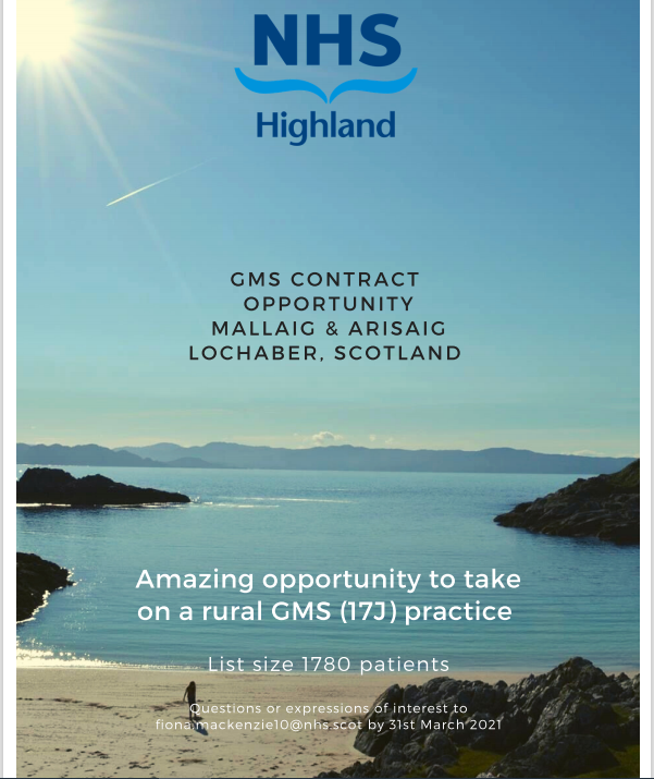 NHSHighland's tweet photo. Amazing #opportunity to take on a rural GMS practice

We’re looking for an innovative group of GPs to take on the contract for the provision of medical services in the beautiful, rural area of #Mallaig &amp; #Arisaig. https://t.co/8Ht3oiD9vR