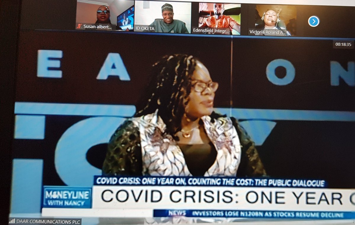 SueAlbertmakyur's tweet photo. DAY 3:

Today we joined Titi Ojo to discuss the impact of government interventions on the Covid-19 pandemic.  It was very exciting and revealing.
 
Pls tune in tomorrow by 11am on AIT  for another interesting edition on Moneyline with Nancy, the Public Dialogue. #COVIDONEYEARONE https://t.co/qOAj8ApIpx