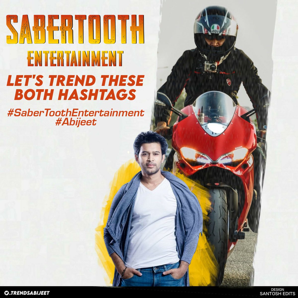 Trendsabijeet's tweet photo. All the best @Abijeet anna 

follow new production house @sabertoothin 

now 
let's celebrate this with this 
Hashtag #SaberToothEntertainment 
  along with #Abijeet 

#Abijeetians start music 🕺🕺🕺

blast the retweet button 💥💥 https://t.co/NztDpqLXf6
