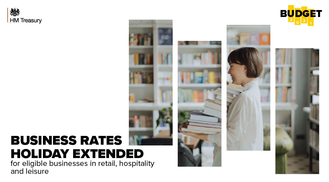 hmtreasury's tweet image. Eligible retail, hospitality and leisure businesses pay no business rates for 3 months, with up to 66% relief for the rest of the year worth over £6 billion in 2021-22. #Budget2021 #PlanForJobs