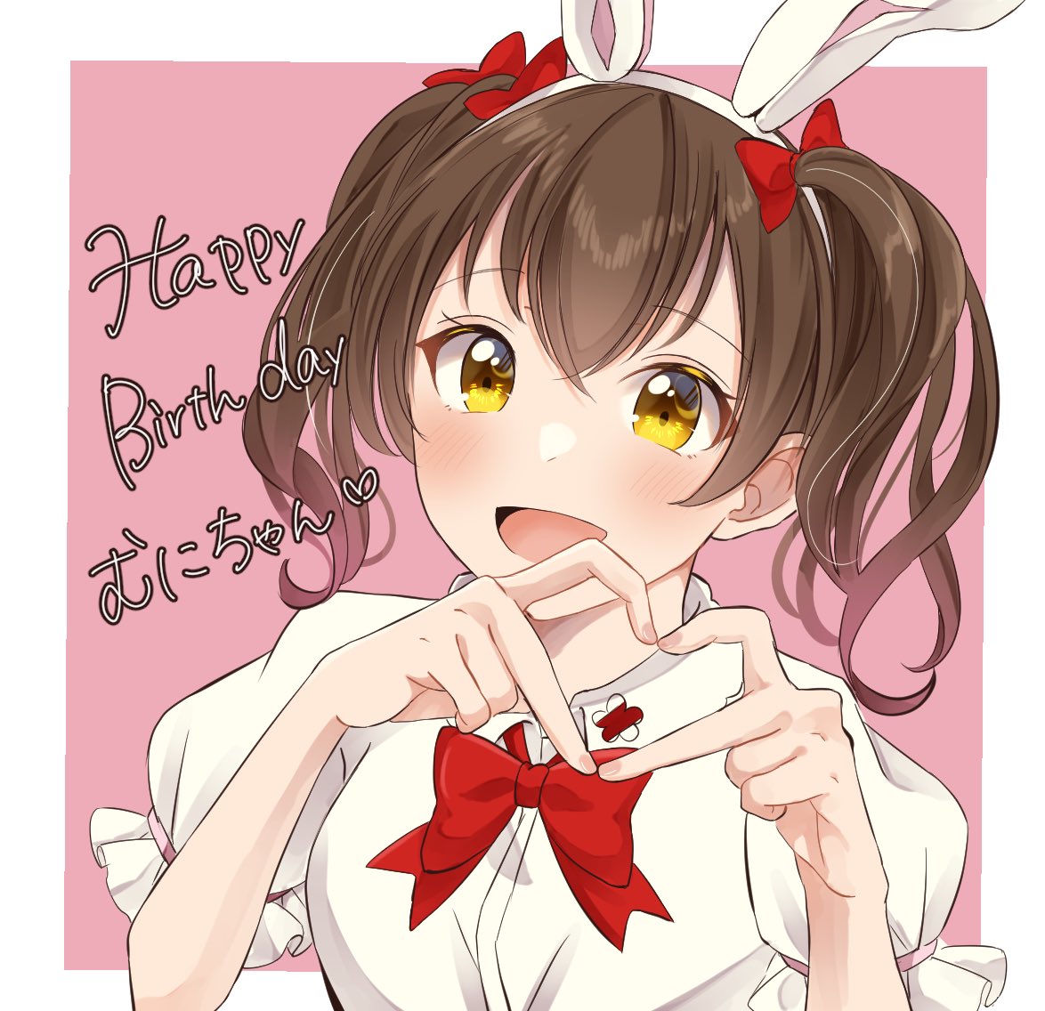 1girl solo heart hands animal ears rabbit ears bow heart  illustration images