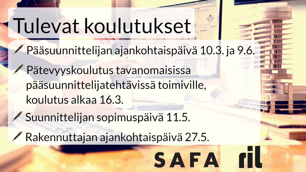 Tiesitkö, että RIL järjestää useita koulutuksia yhteistyössä 
<a href="/SAFA_ry/">Safa Ry</a> kanssa? Vielä ehdit ilmoittautua kevään toteutuksiin! Lisätietoja ril.fi/koulutus

 #koulutus #pätevyys #suunnittelu #rakentaminen